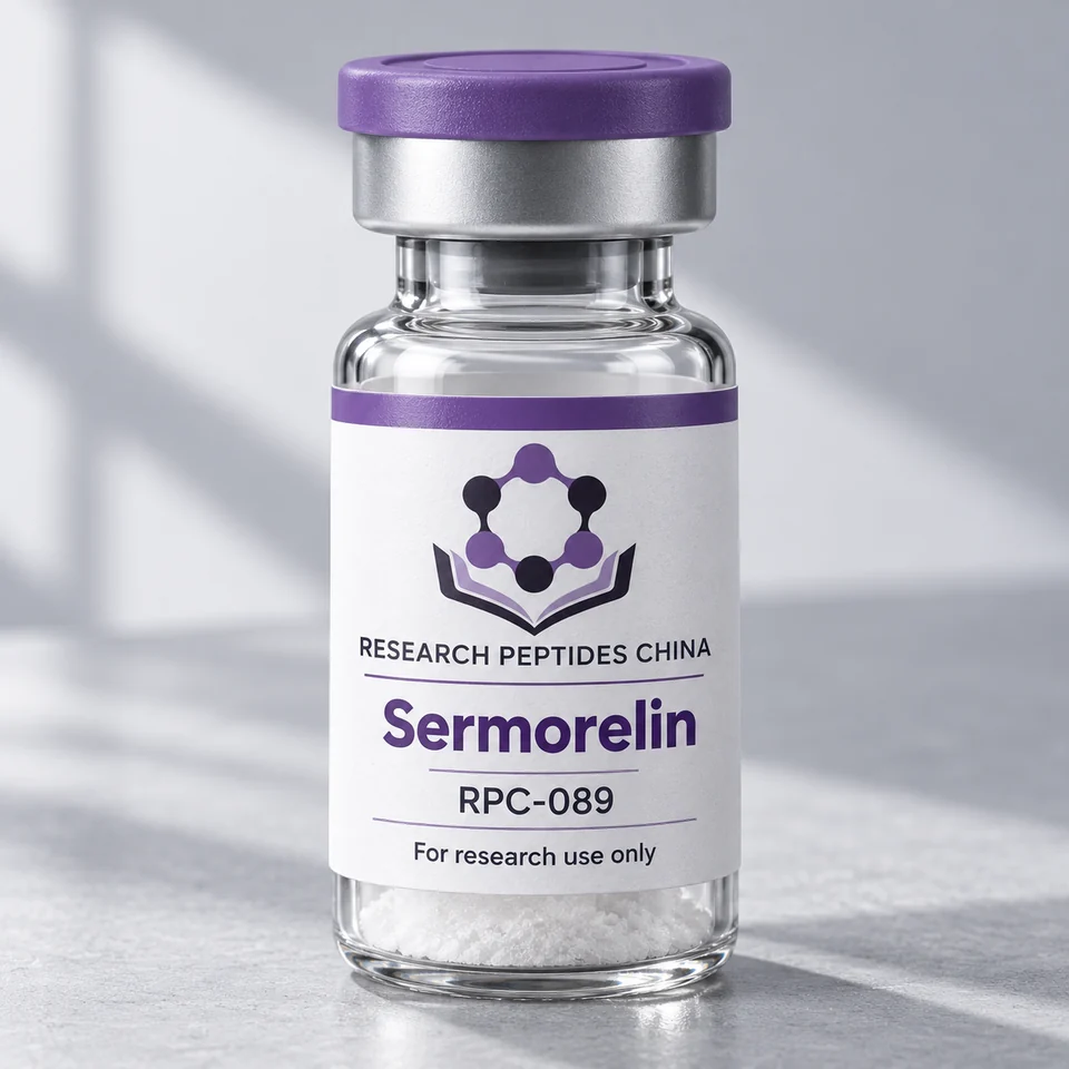 Sermorelin research vial with Research Peptides China logo and research-use label