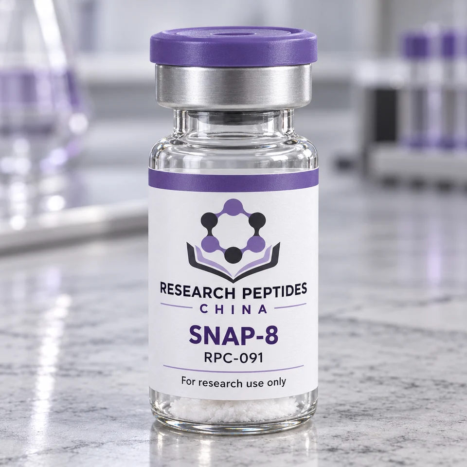 SNAP-8 research vial with Research Peptides China logo and research-use label