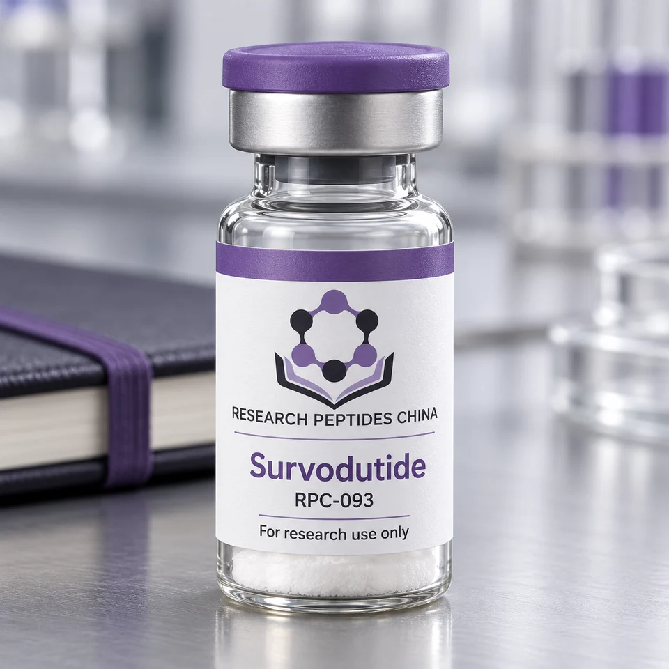 Survodutide research vial with Research Peptides China logo and research-use label