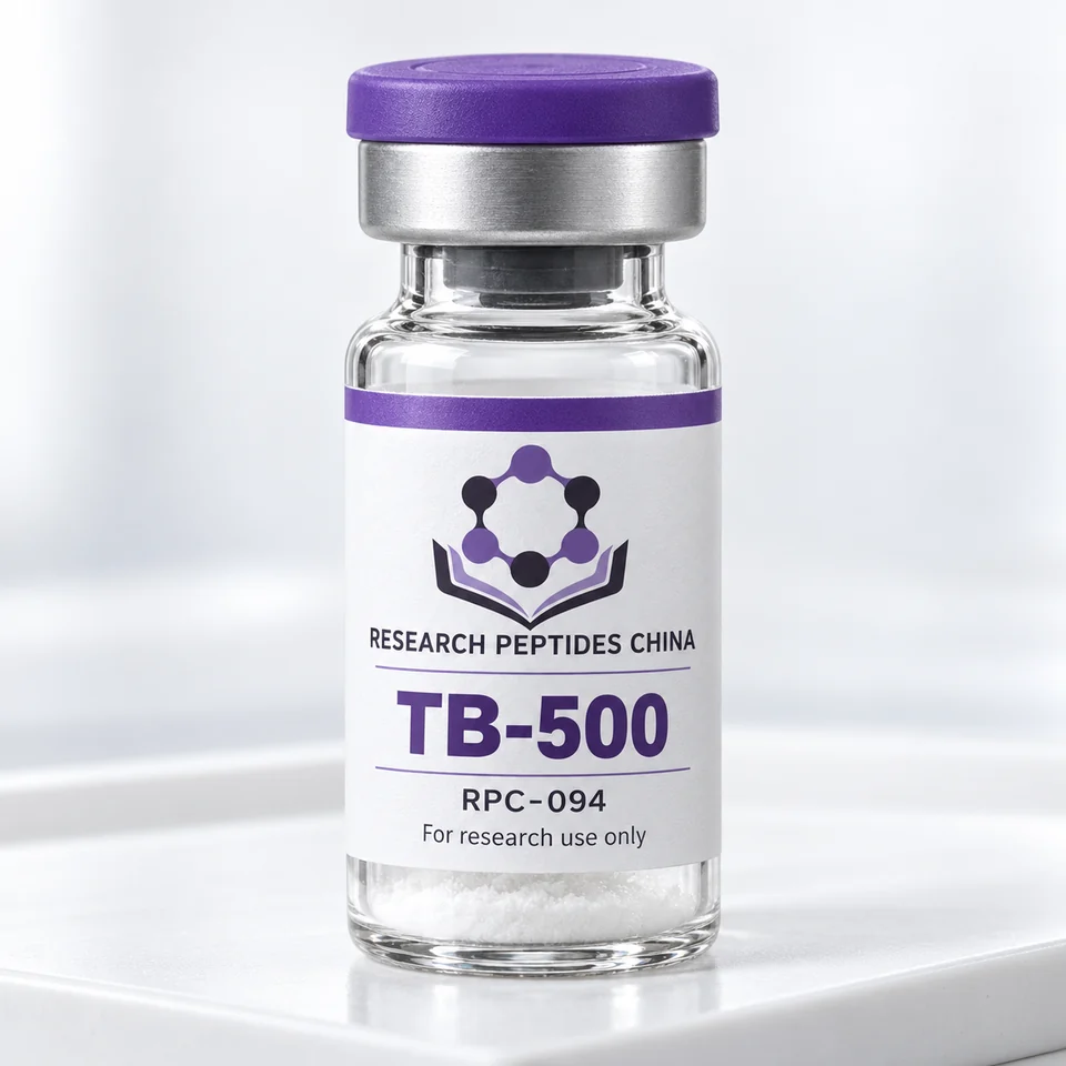 TB-500 research vial with Research Peptides China logo and research-use label