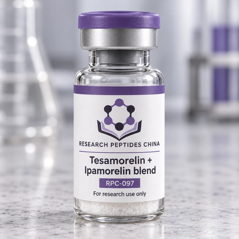 Tesamorelin + Ipamorelin blend research vial with Research Peptides China logo and research-use label
