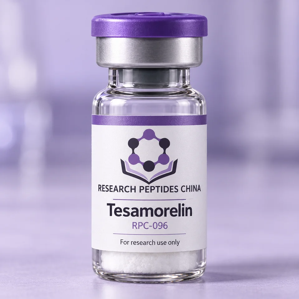 Tesamorelin research vial with Research Peptides China logo and research-use label