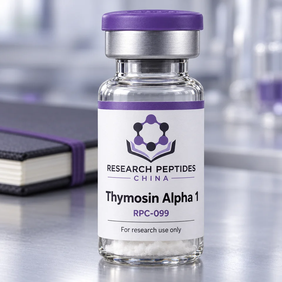 Thymosin Alpha 1 research vial with Research Peptides China logo and research-use label