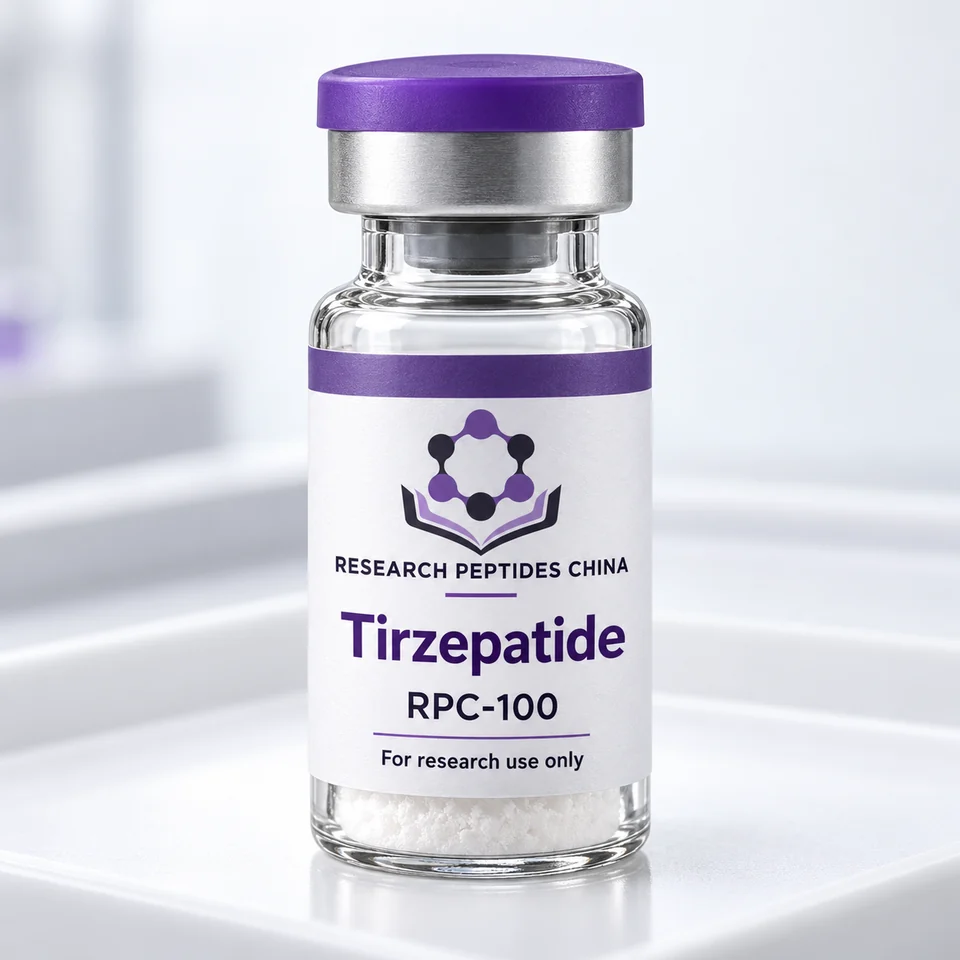 Tirzepatide research vial with Research Peptides China logo and research-use label