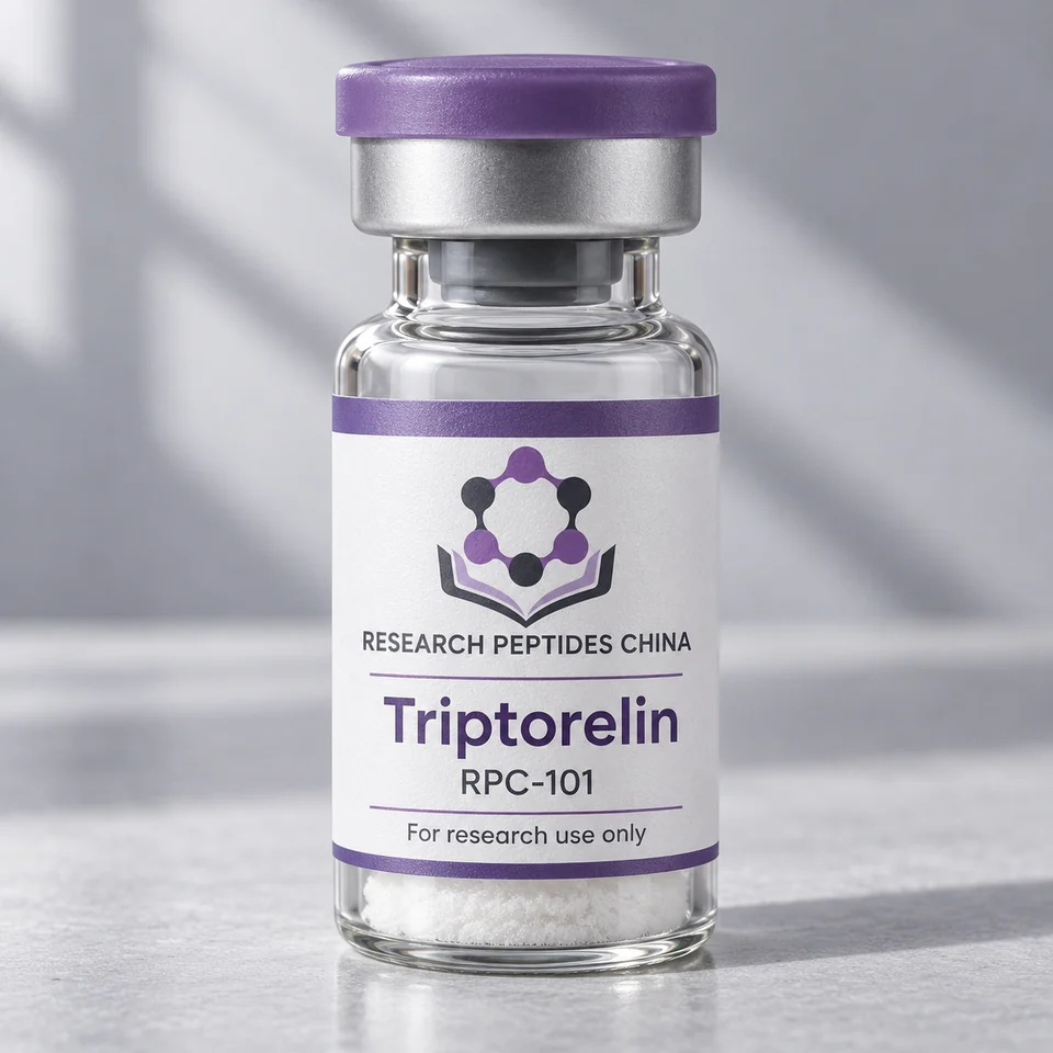 Triptorelin research vial with Research Peptides China logo and research-use label