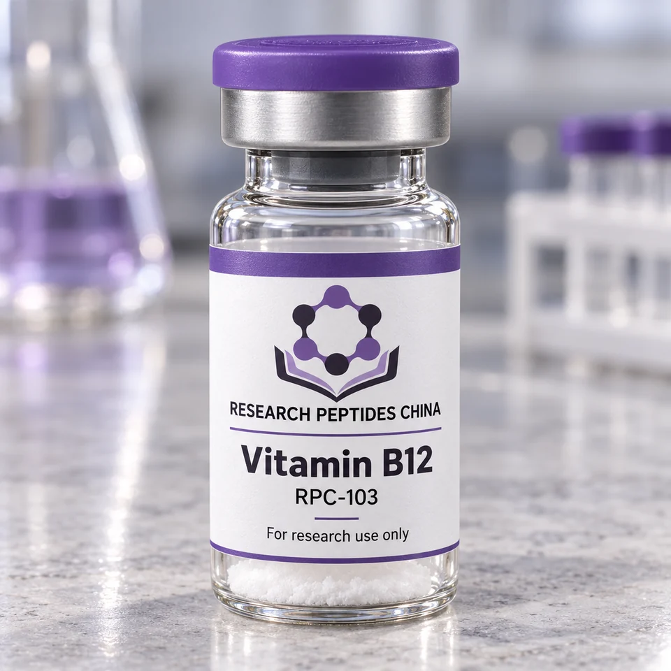 Vitamin B12 research vial with Research Peptides China logo and research-use label